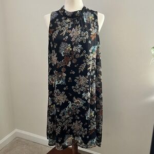 Tommy Hilfiger 12 Black Floral Sleeveless‎ Shift Dress High Neck Keyhole Back